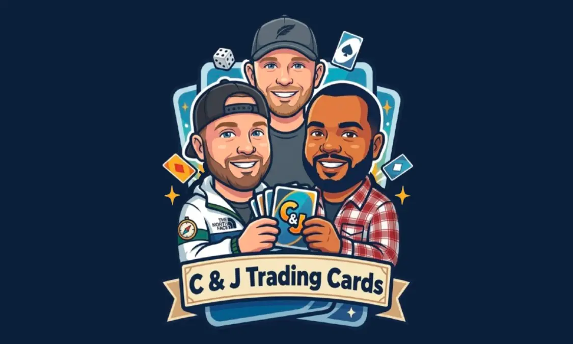 The founders of C & J Trading Cards, illustrated holding trading cards