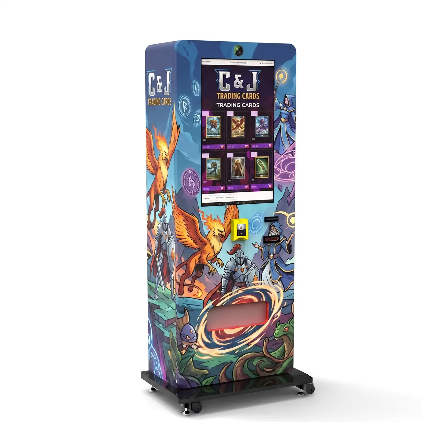 C & J Trading Cards branded vending machine with fantasy artwork and touchscreen display